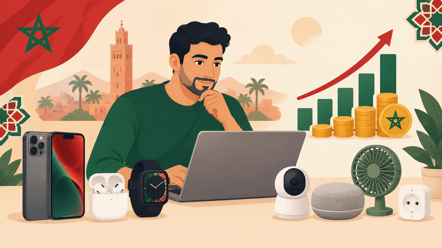 مسوق مغربي حدا لابتوب محاط بمنتجات إلكترونية رابحة بحال السماعات والساعات الذكية